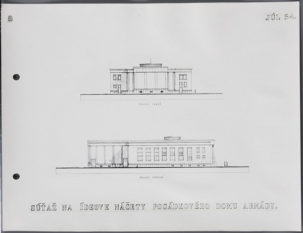 Ladislav Beisetzer, Ján Kočí, Neznámy autor – Súťaž na ideové náčrty posádkového domu armády. Západný a zadný pohľad 