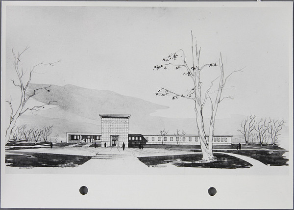 Ladislav Beisetzer, Neznámy autor – Súťaž na krematórium v Bratislave. Perspektíva experiéru (zadný pohľad) 