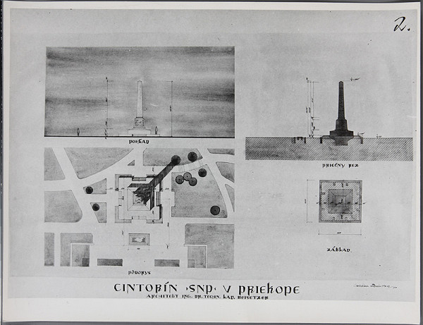 Ladislav Beisetzer, Neznámy autor – Cintorín SNP v Priekope. Pôdorys prízemia, pôdorys základov, pohľad, priečny rez. 