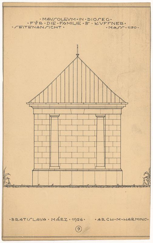 Milan Michal Harminc – Mauzóleum rodiny Kuffner v Sládkovičove. Bočný pohľad. M 1:50. 