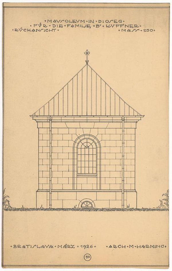 Milan Michal Harminc – Mauzóleum rodiny Kuffner v Sládkovičove. Zadný pohľad. M 1:50.