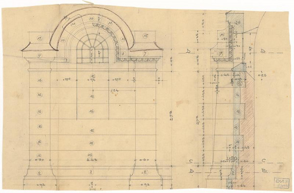 Milan Michal Harminc – Mauzóleum rodiny dr. Luppa v Pomázi.  Rez s pohľadom na okno a rez múrom. M 1:5. 