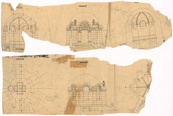 Milan Michal Harminc – Mauzóleum rodiny Mandič. Pôdorysy prízemia, suterénnej časti, hlavný a bočný pohľad, rezy A-B. C-D. 