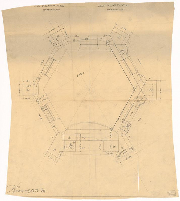 Milan Michal Harminc – Mauzóleum rodiny Mandič. Pôdorys hrobky v úrovni okien. M 1:5. 