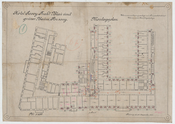 Milan Michal Harminc – Hotel Carlton-Savoy v Bratislave. Rozvod ústredného kúrenia. Pôdorys 1. poschodia. M 1:100. 
