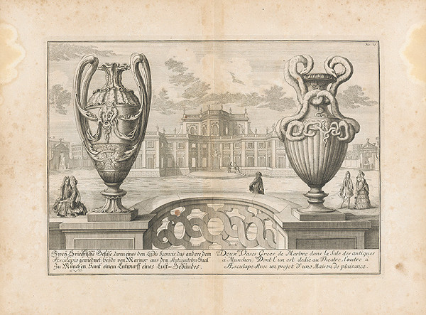 Johann Bernhard Fischer von Erlach – Pohľad na dve grécke vázy s priehľadom na palác 