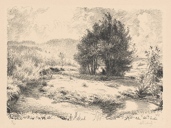 Max Švabinský – Oľše a potok s rybárom 