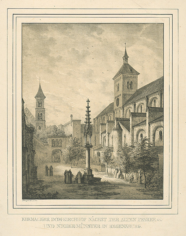 Domenico Quaglio – Bývalý dvor Dómu spolu so starou farou a Dolným kláštorom v Regensburgu 