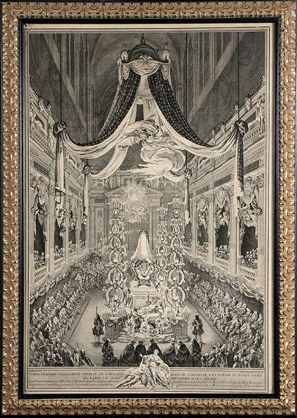 Charles-Nicolas Cochin ml. – Pohrebná slávnosť zosnulej Alžbety Terézie Lotrinskej v Kostole Notre Dame v Paríži dňa 22. septembra 1741.   
