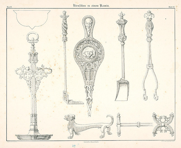 Franz Storno – Nástroje pre kozub (z cyklu Gewerbe Kunstblatt) 