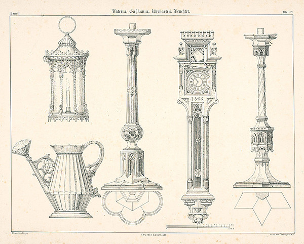 Franz Storno – Návrh na laternu, konvicu, hodiny, svietniky (z cyklu Gewerbe Kunstblatt) 