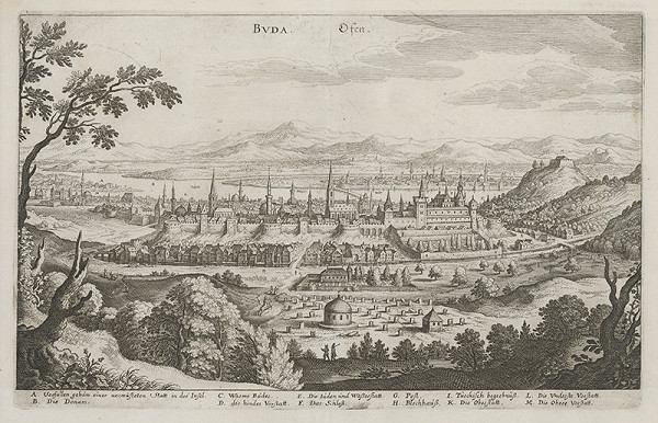 Neznámy grafik, Matthäus Merian – Pohľad na Budín 