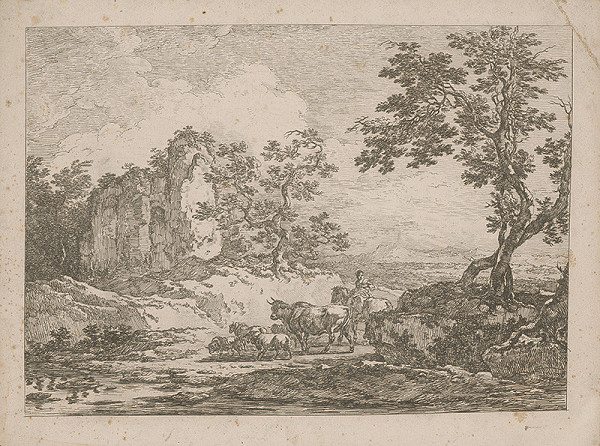 Francúzsky autor z 18. storočia – Romantická krajina so stádom 