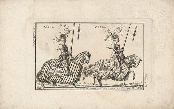 Západoeurópsky autor z 18. storočia – Dvaja turnajoví rytieri:prvý s dopredu obrátenými baraními rohami,druhý s vencom 