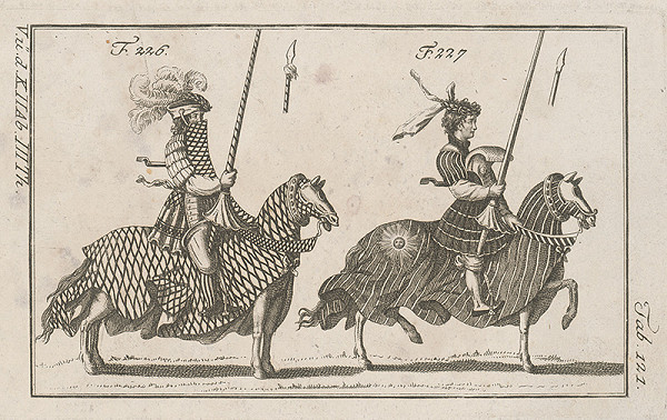 Západoeurópsky autor z 18. storočia – Dvaja turnajoví rytieri:prvý s vencom na čiapke zdobenej perami,druhý s vencom 