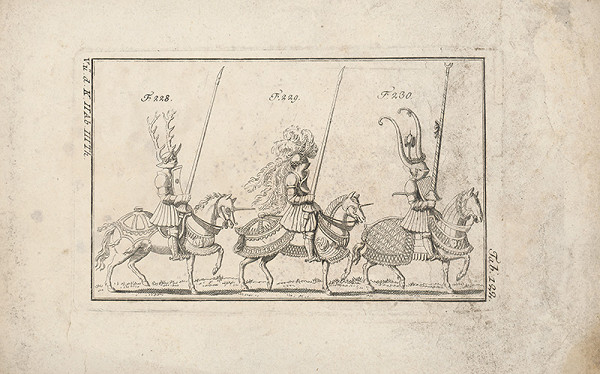 Západoeurópsky autor z 18. storočia – Traja turnajoví rytieri:prvý s parožím,druhý s chocholom a vencom,tretí s vysoký 