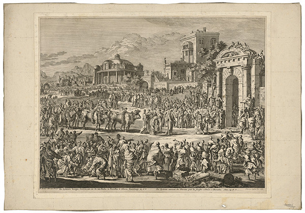 Jan Luyken – Lystrenčania privádzajú býkov obetovať Pavlovi a Barabášovi 