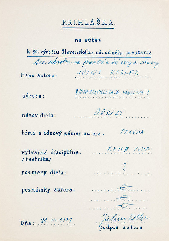 Július Koller – Prihláška na Súťaž k 30. výročiu SNP 