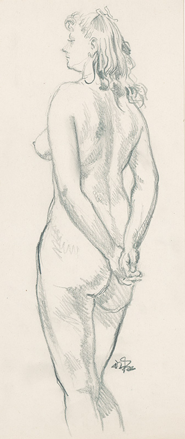 Jaroslav Vodrážka – Stojaci ženský akt s rukami založenými za chrbtom 