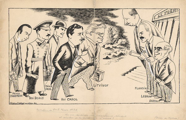 Štefan Bednár – Zasadnutie kráľov vo Francii. 1936. Paródia na príchod kráľov do Betlehema. 