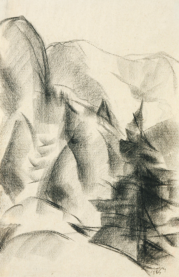 Zolo Palugyay – Horská krajina v popredí s ihličnatým stromom 