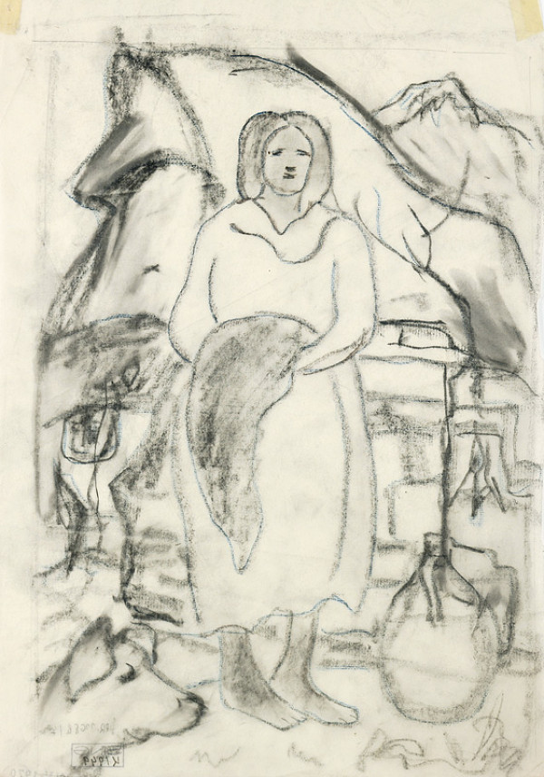 Zolo Palugyay – Štúdia stojacej ženy pred lomenicou v rukách s vlniakom 