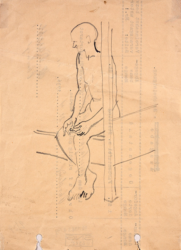 Jozef Fedora – Vychudnutý nahý muž, sediaci na drevenej posteli v cele koncentračného tábora 