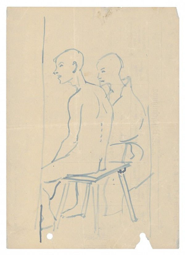 Jozef Fedora – Dvaja muži sediaci na lavici v koncentračnom tábore 