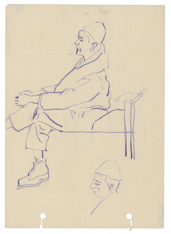 Jozef Fedora – Muž s preloženými nohami sediaci na drevenej posteli v koncentračnom tábore 