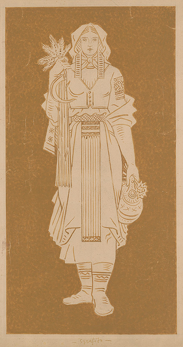 Martin Benka – Žena v slovenskom kroji v ruke s kyticou klasov a kosákom 