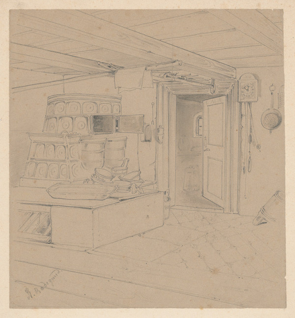 Friedrich Carl von Scheidlin – Štúdia interiéru chalupy s pecou 