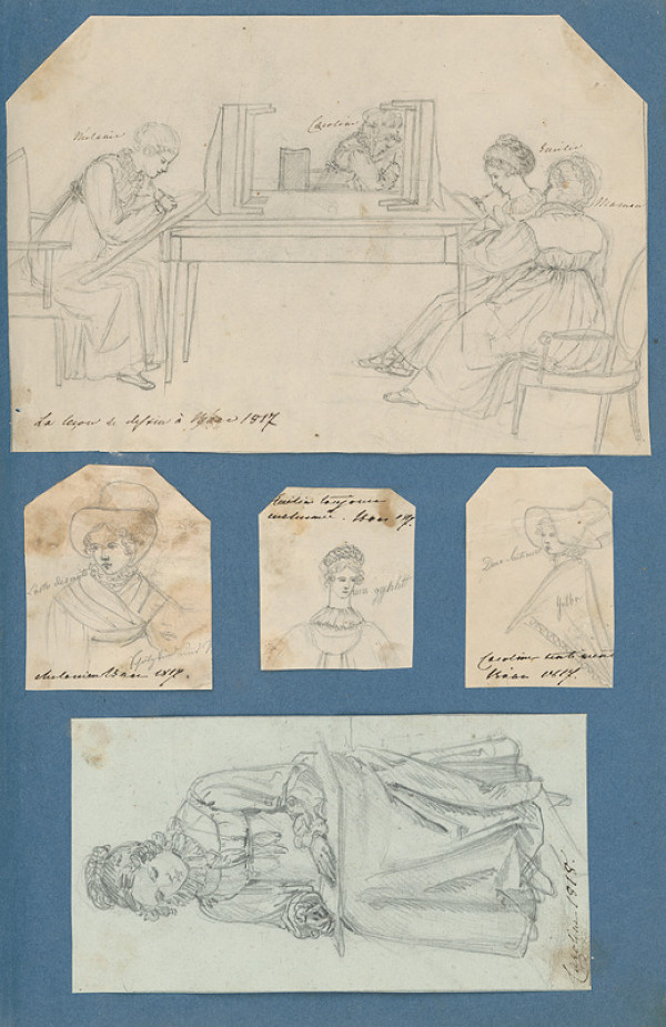 Stredoeurópsky maliar z 19. storočia – Hodina kreslenia v Hornom Bare. Samostatné portréty. Karolína pri kreslení. 