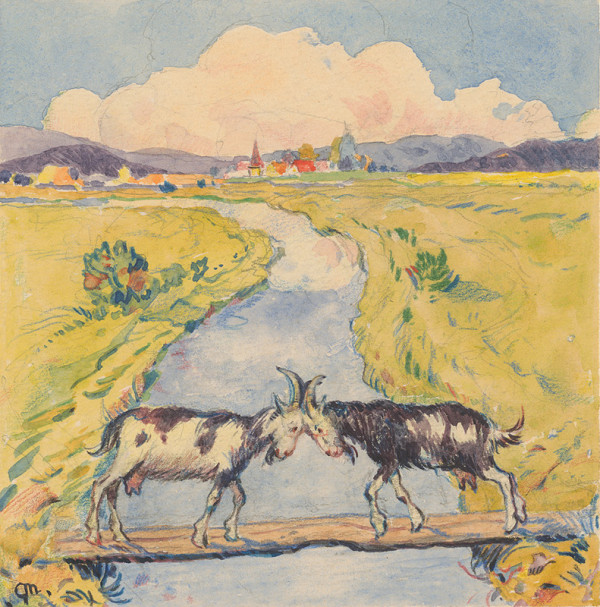 Gustáv Mallý – 17. - Meeting of Two Goats on a Narrow Footbridge over a Brook 