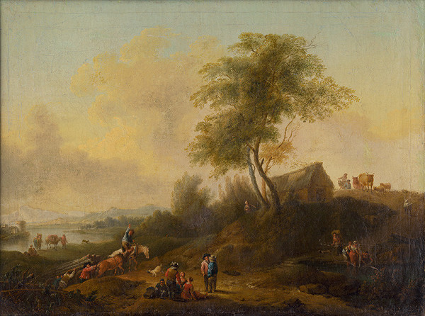 Nemecký maliar z konca 18. storočia – Romantic Landscape with Wood Cutters 