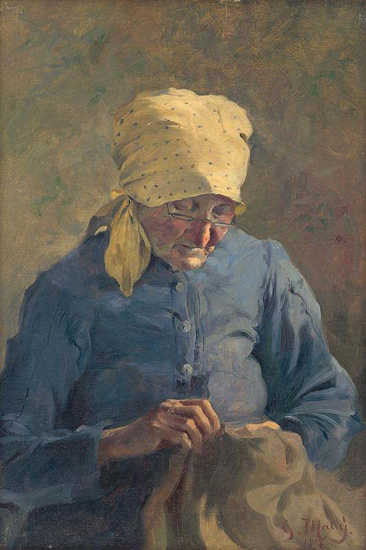 Gustáv Mallý – Old Woman Sewing 