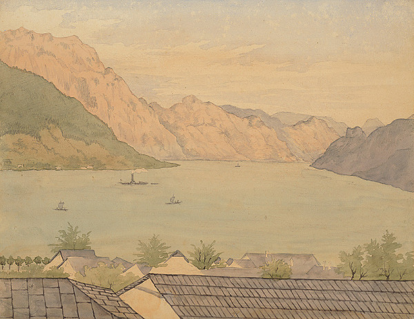 Slovenský kresliar z 3. štvrtiny 19. storočia – Jazero s plachetnicami a parníkom 