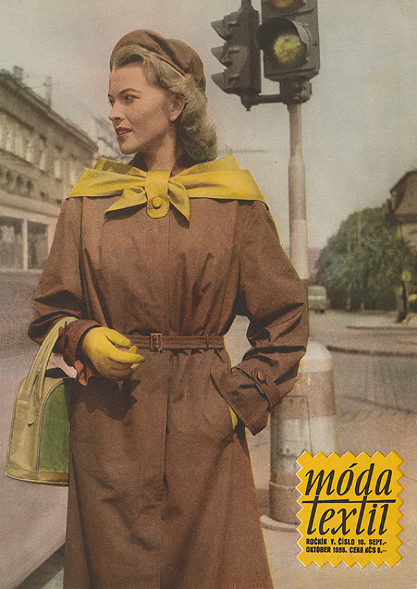 Otakar Rybák, Emil Bačík – Obálka časopisu Móda - textil, odev: vychádzkový plášť z bavlneného ripsu, textilná tvorba, výrobné oddelenie bavlna, Náchod  